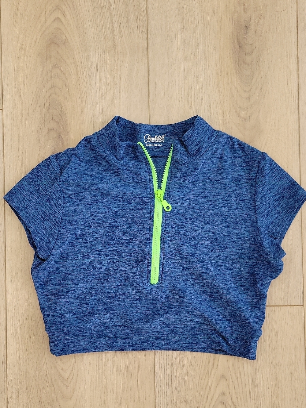 Bombshell Sportswear Heathered Blue Crop Top with Lime Zip